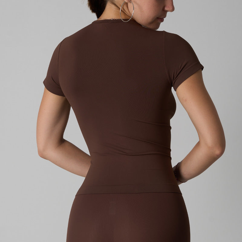 Women's Elastic Round Neck Sports Yoga Running Short Sleeve Tops