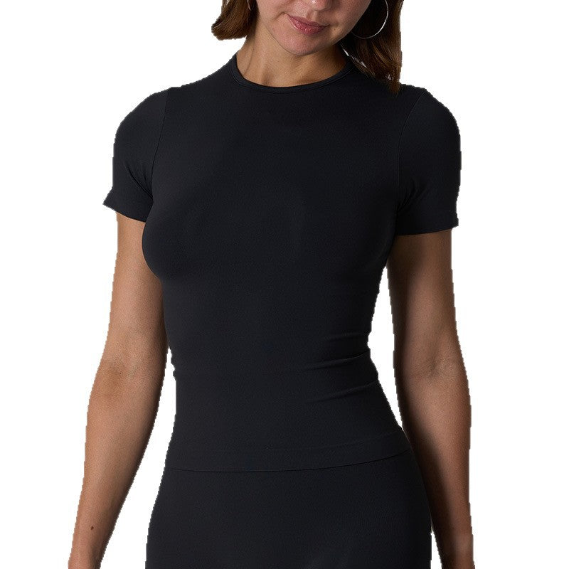 Women's Elastic Round Neck Sports Yoga Running Short Sleeve Tops