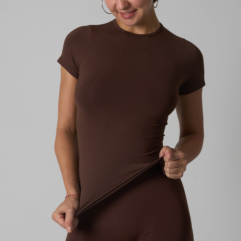 Women's Elastic Round Neck Sports Yoga Running Short Sleeve Tops