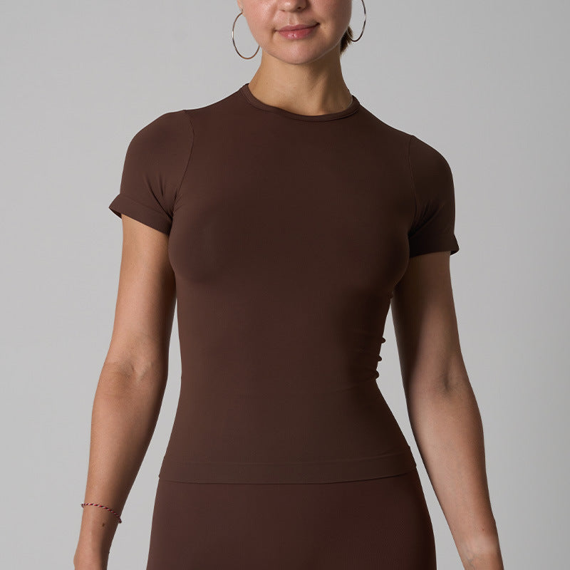 Women's Elastic Round Neck Sports Yoga Running Short Sleeve Tops